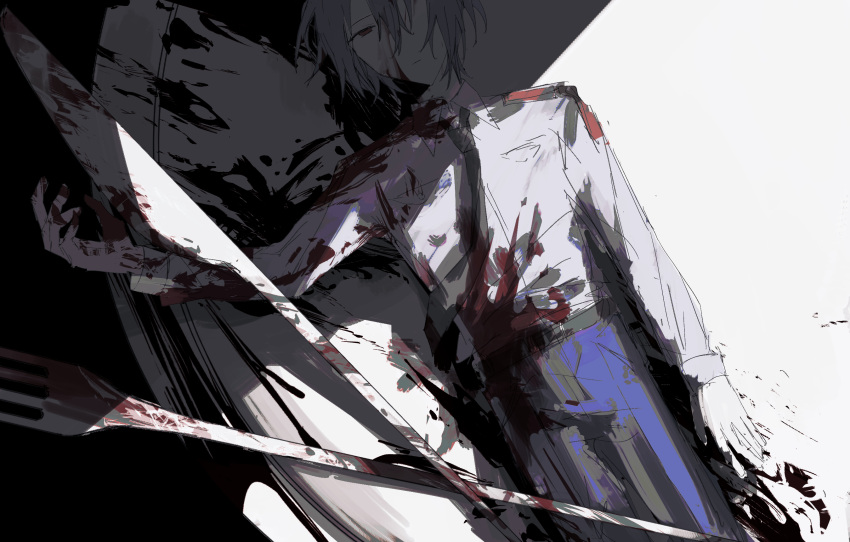 1boy belt belt_buckle black_belt black_necktie blood blood_on_face blood_splatter blue_hair blue_pants blue_shirt buckle chinese_commentary closed_mouth commentary_request cowboy_shot danganronpa_(series) danganronpa_another danganronpa_another:_another_despair_academy english_commentary expressionless fork hair_between_eyes highres kinjou_tsurugi knife korean_commentary light_frown long_sleeves lying male_focus mixed-language_commentary necktie on_back oversized_object pants plate pocket police police_uniform red_eyes shirt short_hair shoulder_pads solo sutoroboraito