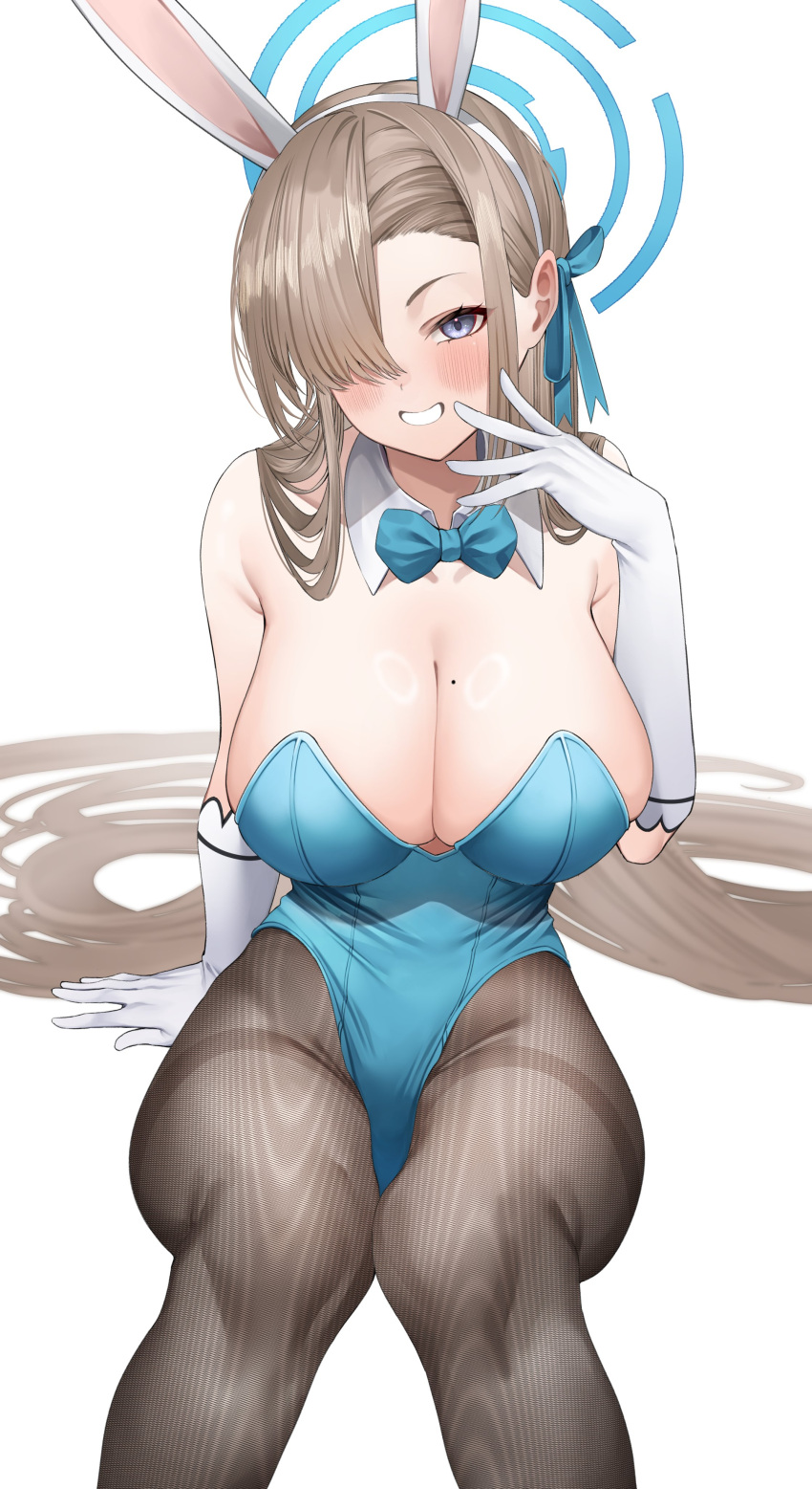 absurdres animal_ears arm_support asuna_(blue_archive) asuna_(bunny)_(blue_archive) blue_archive blue_bow blue_bowtie blue_eyes blue_halo blue_leotard blue_ribbon blush bow bowtie breasts brown_hair brown_pantyhose cleavage commentary_request detached_collar elbow_gloves fake_animal_ears feet_out_of_frame female gloves grin hair_over_one_eye hair_ribbon hairband halo highleg highleg_leotard highres invisible_chair knees_together_feet_apart large_breasts leotard long_hair looking_at_viewer mole mole_on_breast official_alternate_costume one_eye_covered pantyhose playboy_bunny rabbit_ears ribbon shiny_skin simple_background sitting smile solo strapless strapless_leotard thighband_pantyhose very_long_hair white_background white_gloves white_hairband yuya_(yuya_illust)