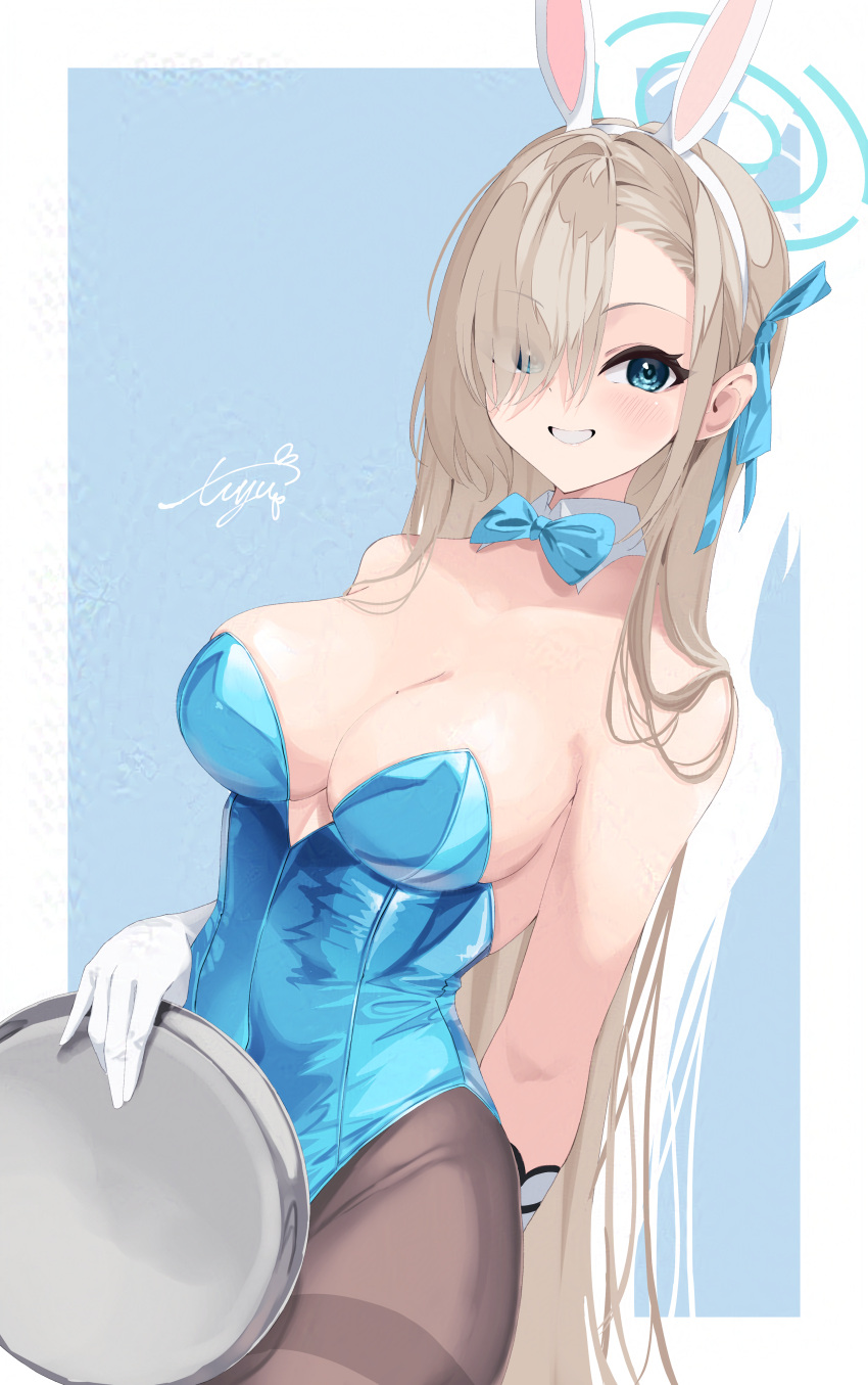 absurdres animal_ear_hairband animal_ears asuna_(blue_archive) asuna_(bunny)_(blue_archive) bare_shoulders black_pantyhose blue_archive blue_background blue_bow blue_bowtie blue_eyes blue_leotard blue_ribbon blush border bow bowtie breasts cleavage collarbone cowboy_shot detached_collar dutch_angle fake_animal_ears female gloves grin hair_ribbon hairband halo highleg highleg_leotard highres holding holding_tray large_breasts leotard long_hair looking_at_viewer mole mole_on_breast nagatsuyu official_alternate_costume one_eye_covered outside_border pantyhose playboy_bunny rabbit_ear_hairband rabbit_ears ribbon signature simple_background smile solo standing tray very_long_hair white_border white_gloves