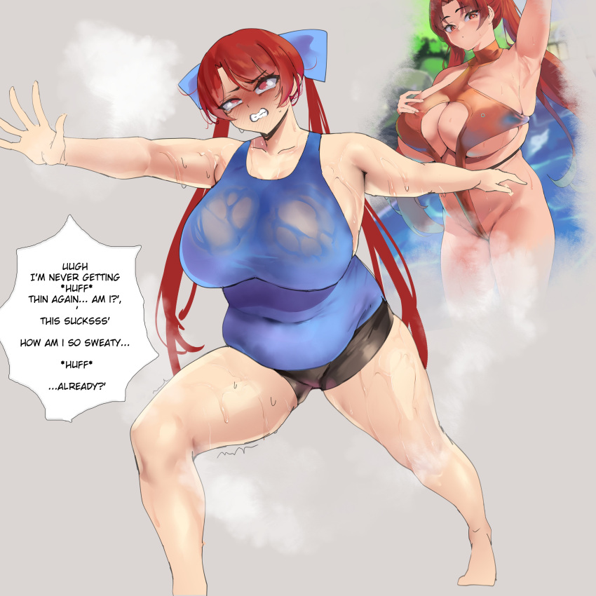 absurdres arm_up armpits arms_up ayumi_(yotamono) barefoot belly black_shorts blue_bow blue_tank_top blush bow breasts brown_one-piece_swimsuit clenched_teeth collarbone commentary crying crying_with_eyes_open english_commentary english_text exercising fat fat_rolls female foot_out_of_frame grey_background grimace hairbow hand_on_own_chest hands_up highres huge_breasts long_hair looking_up motion_lines muffin_top multiple_views one-piece_swimsuit original red_eyes red_hair short_shorts shorts speech_bubble standing steaming_body sweat swimsuit tank_top tears teeth thick_thighs thighs twintails very_long_hair very_sweaty water yoga yotamono