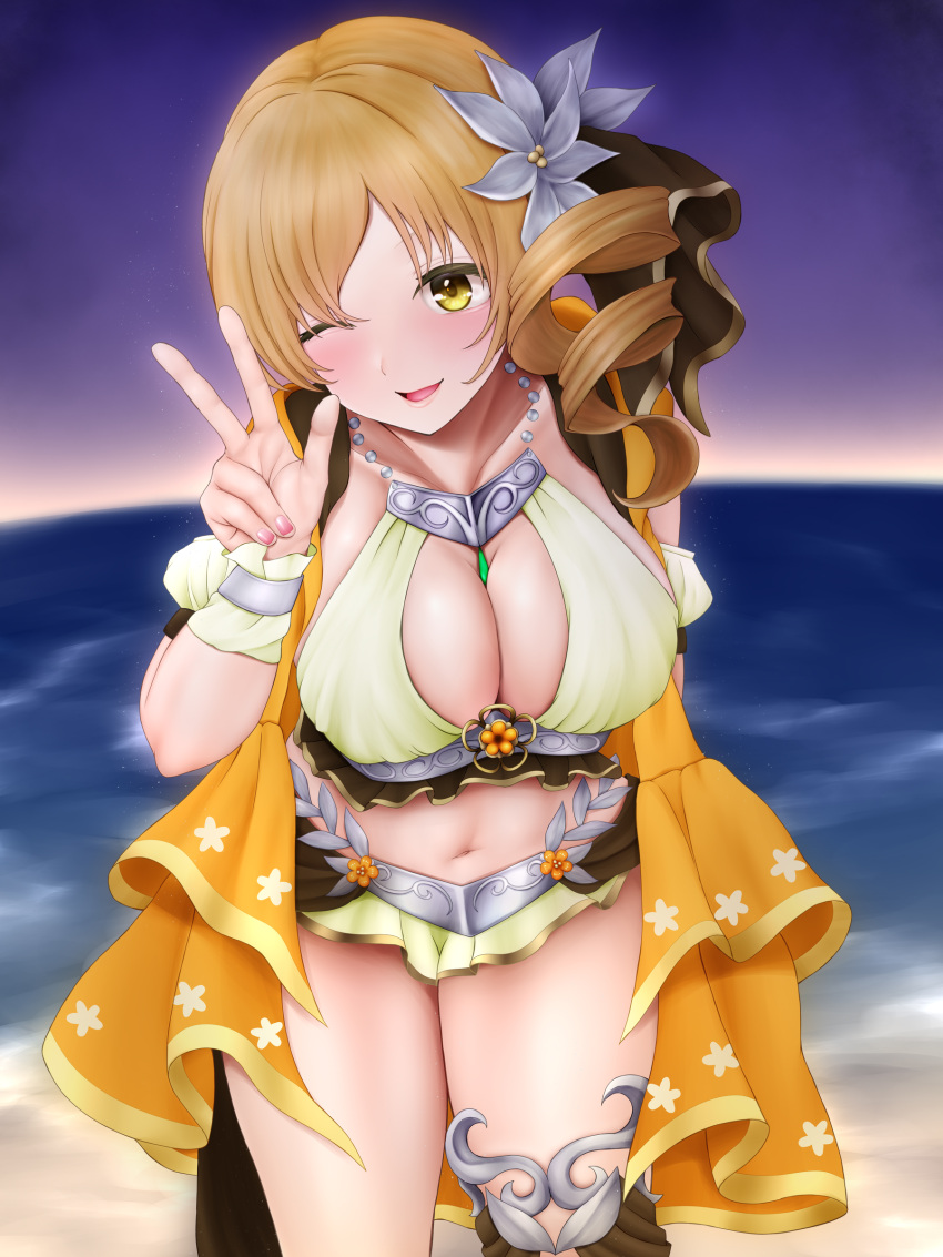 absurdres blonde_hair breasts cleavage female highres looking_at_viewer magia_record:_mahou_shoujo_madoka_magica_gaiden mahou_shoujo_madoka_magica mizuki_mukawa navel one_eye_closed salute solo straight-on swimsuit tomoe_mami two-finger_salute yellow_eyes