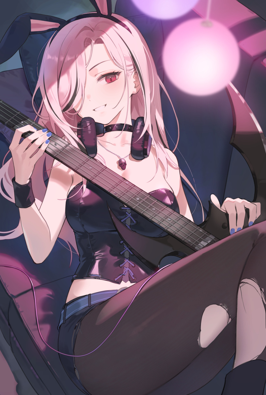 animal_ears black_choker black_corset black_hair black_nails black_pantyhose black_shorts black_tube_top breasts choker cleavage corset couch fake_animal_ears female guitar hair_over_one_eye headphones headphones_around_neck highres holding holding_guitar holding_instrument hololive hololive_english instrument large_breasts looking_at_viewer mori_calliope mori_calliope_(9th_costume) multicolored_hair n2_00345 nail_polish on_couch pantyhose pink_hair rabbit_ears red_eyes shorts smile solo strapless streaked_hair torn_clothes torn_pantyhose tube_top virtual_youtuber