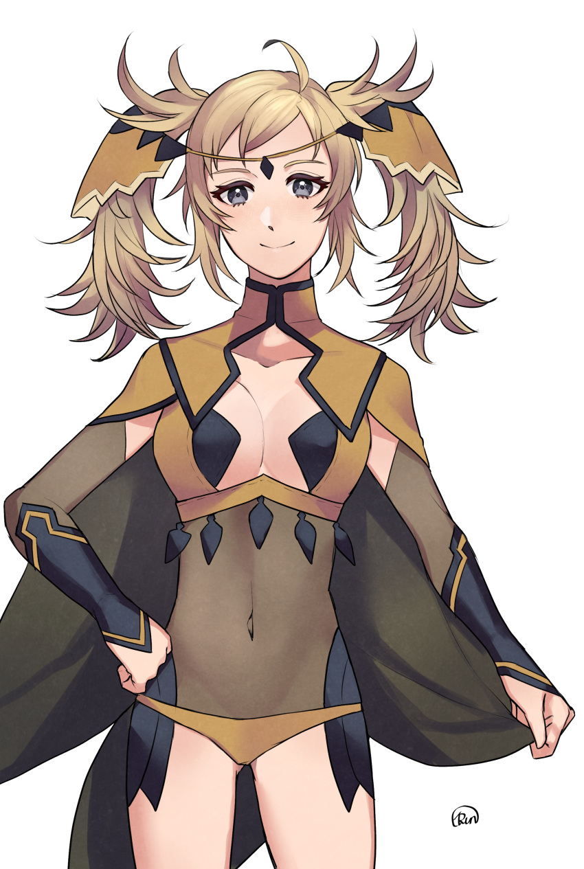 absurdres ahoge alternate_hairstyle ass_visible_through_thighs bad_id bad_pixiv_id blonde_hair bodystocking breasts bridal_gauntlets cape closed_mouth covered_navel female fire_emblem fire_emblem_fates fire_emblem_heroes gold_panties grey_eyes highres holding holding_cape holding_clothes looking_at_viewer medium_breasts ophelia_(fire_emblem) panties runteya solo thighs turtleneck twintails underwear upper_body yellow_panties