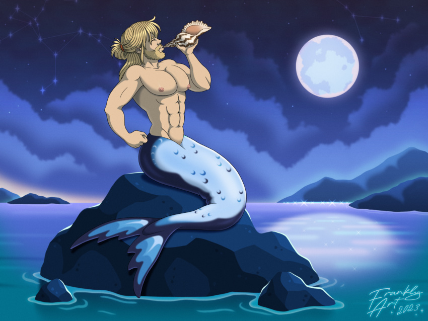 abs apode beard blonde_beard blonde_facial_hair blonde_hair blue_tail conch facial_hair flexing frankly-art glitter hair humanoid humanoid_taur legless light long_hair male manbun marine marine_taur merfolk moon moonlight navel nipples on_rock pecs rock sea seashell shell sitting sitting_on_rock solo sparkles split_form tail taur waist water