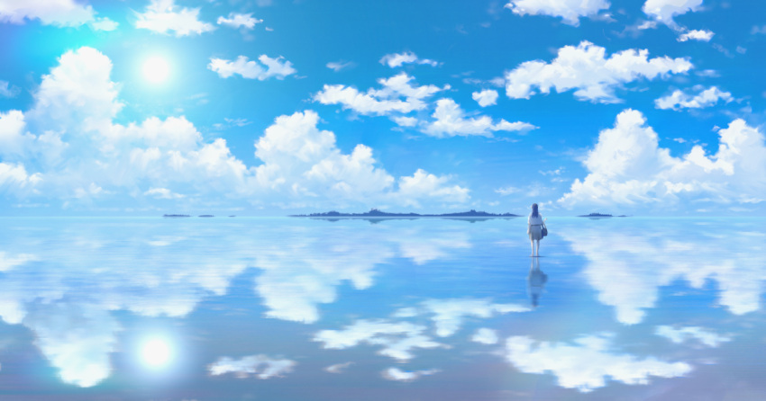 bag black_hair blue_sky bolivia cloud commentary_request day female from_behind grey_skirt holding holding_bag long_hair original outdoors reflection reflective_water salar_de_uyuni scenery shirt skirt sky solo standing standing_on_liquid sun water white_shirt wide_shot yakkunn