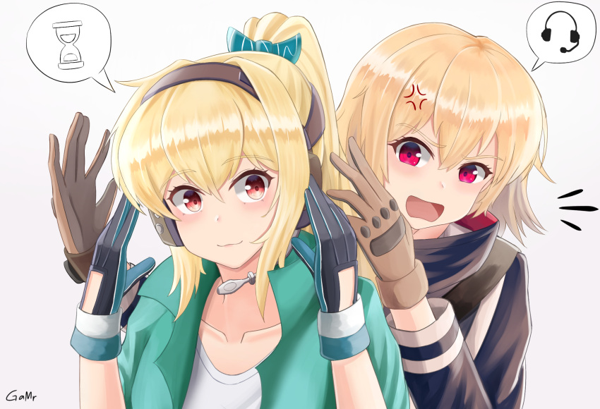 2girls artist_name blonde_hair bow cosplay ear_protection gamryous girls'_frontline gloves green_hairband hairband hairbow highres holding iris_(material_sniper) jacket long_hair material_sniper multicolored_clothes multicolored_gloves multiple_girls ponytail red_eyes scw_(girls'_frontline) smile sv-98_(girls'_frontline)