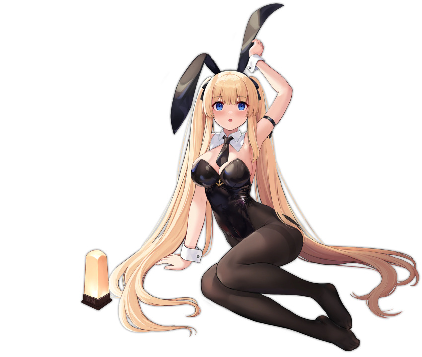 allenes animal_ears ardent_(azur_lane) ardent_(master_ardent?)_(azur_lane) arm_strap arm_support arm_up azur_lane black_bow black_bowtie black_leotard black_pantyhose blonde_hair blue_eyes bow bowtie breasts detached_collar fake_animal_ears female full_body highleg highleg_leotard highres large_breasts leotard long_hair official_alternate_costume official_art pantyhose parted_lips playboy_bunny rabbit_ears solo strapless strapless_leotard sword thighband_pantyhose transparent_background twintails very_long_hair weapon wrist_cuffs