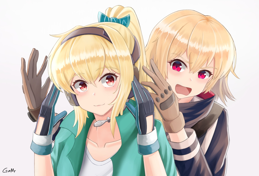 2girls artist_name blonde_hair bow cosplay ear_protection gamryous girls'_frontline gloves green_hairband hairband hairbow highres holding iris_(material_sniper) jacket long_hair material_sniper multicolored_clothes multicolored_gloves multiple_girls ponytail red_eyes scw_(girls'_frontline) smile sv-98_(girls'_frontline)