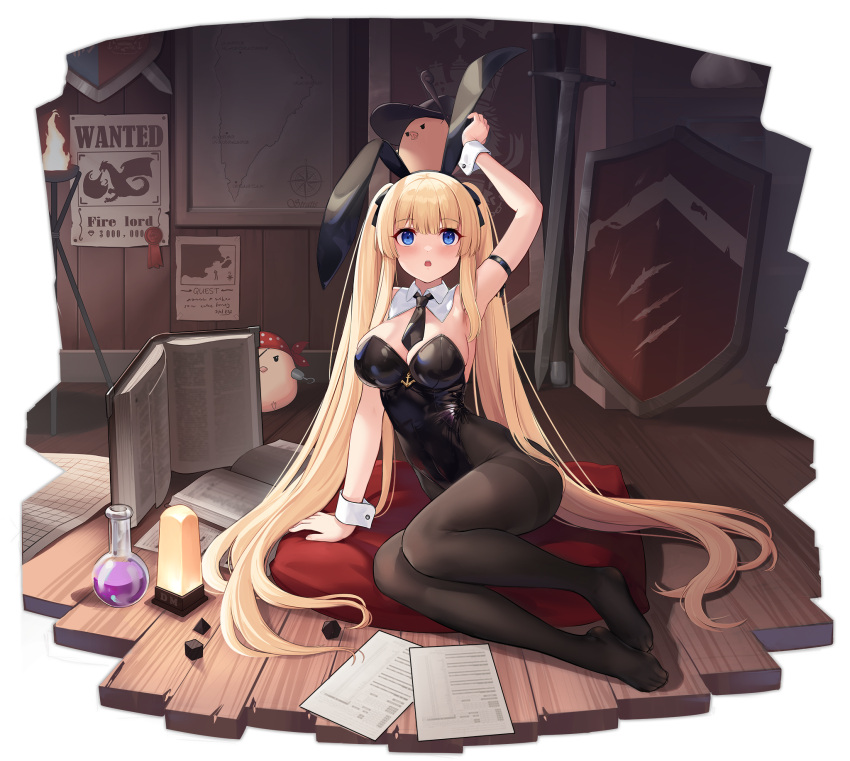 allenes animal_ears ardent_(azur_lane) ardent_(master_ardent?)_(azur_lane) arm_strap arm_support arm_up azur_lane black_bow black_bowtie black_leotard black_pantyhose blonde_hair blue_eyes bow bowtie breasts detached_collar fake_animal_ears female full_body highleg highleg_leotard highres indoors large_breasts leotard long_hair manjuu_(azur_lane) official_alternate_costume official_art pantyhose parted_lips playboy_bunny rabbit_ears solo strapless strapless_leotard sword thighband_pantyhose transparent_background twintails very_long_hair weapon wooden_floor wrist_cuffs