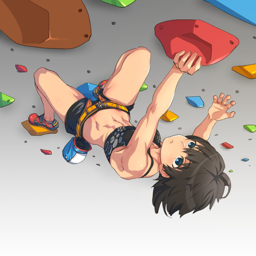 abs belt bikini_bridge black_hair black_shorts black_sports_bra blue_eyes bouldering climbing commentary_request female fujisawa_takashi full_body highres indoors looking_at_viewer muscular muscular_female navel original red_footwear rock_climbing short_hair short_shorts shorts solo sports_bra