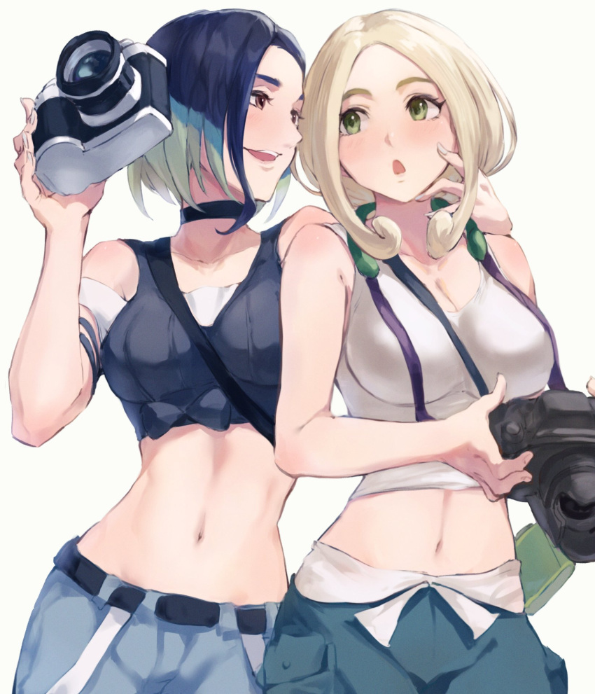 2girls armband bare_arms bare_shoulders black_armband black_choker black_shirt black_sports_bra blonde_hair blue_hair blush bob_cut breasts brown_eyes camera choker cleavage collarbone crop_top denim gradient_hair green_eyes green_pants green_wristband grey_shirt grey_sports_bra highres holding holding_camera jeans jojobirdz large_breasts loose_hair_strand midriff multicolored_hair multiple_girls navel off-shoulder_shirt off_shoulder pants perrin_(pokemon) photographer pokemon pokemon_sv pokemon_xy ribbed_shirt shirt sleeveless sleeveless_shirt sports_bra tank_top thick_eyebrows undershirt v-neck viola_(pokemon) white_shirt