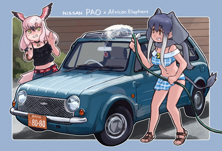 2girls african_elephant_(kemono_friends) animal_ears belt bikini bird_girl bird_tail bird_wings black_choker black_hair black_shirt blue_bikini bow bowtie car casual choker commentary denim elephant_ears elephant_girl elephant_tail extra_ears gradient_hair greater_flamingo_(kemono_friends) grey_hair head_wings highres hose jeans kemono_friends kemono_friends_3 long_hair midriff_peek motor_vehicle multicolored_hair multiple_girls navel nissan nissan_pao off-shoulder_shirt off_shoulder official_alternate_costume orange_eyes pants pink_hair plaid plaid_bikini pun red_belt sandals shirt sidelocks sweatdrop swimsuit tail toriny two-tone_hair vehicle_focus washing_vehicle white_hair wings yellow_bow yellow_bowtie yellow_eyes