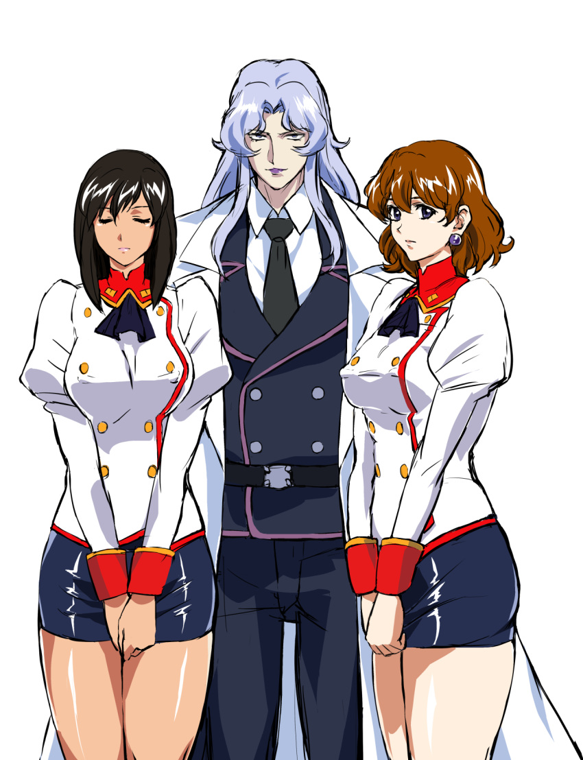 1boy 2girls agent_aika aika_(series) ascot black_ascot black_hair black_necktie blue_eyes blue_hair blue_skirt breasts brown_hair closed_eyes closed_mouth coat commentary_request covered_nipples delmogeny_uniform earrings highres jacket jewelry juliet_sleeves large_breasts lipstick long_hair long_sleeves makeup mamesi_(suhk8583) military military_uniform multiple_girls necktie pants partial_commentary pencil_skirt pink_lips puffy_sleeves rudolf_hagen shirt short_hair simple_background skirt smile standing uniform white_background white_coat white_delmo white_delmo_p white_delmo_r white_jacket white_shirt