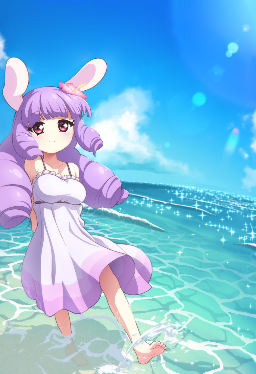 absurd_res accessory animal_humanoid blush breasts chuchu_(show_by_rock!!) clothing cloud dress feet female flower flower_in_hair glistening hair hair_accessory hi_res humanoid lagomorph lagomorph_humanoid leporid_humanoid long_hair mammal mammal_humanoid plant purple_hair rabbit_humanoid red_eyes reflection sanrio sea show_by_rock!! sky solo splash suke water water_reflection