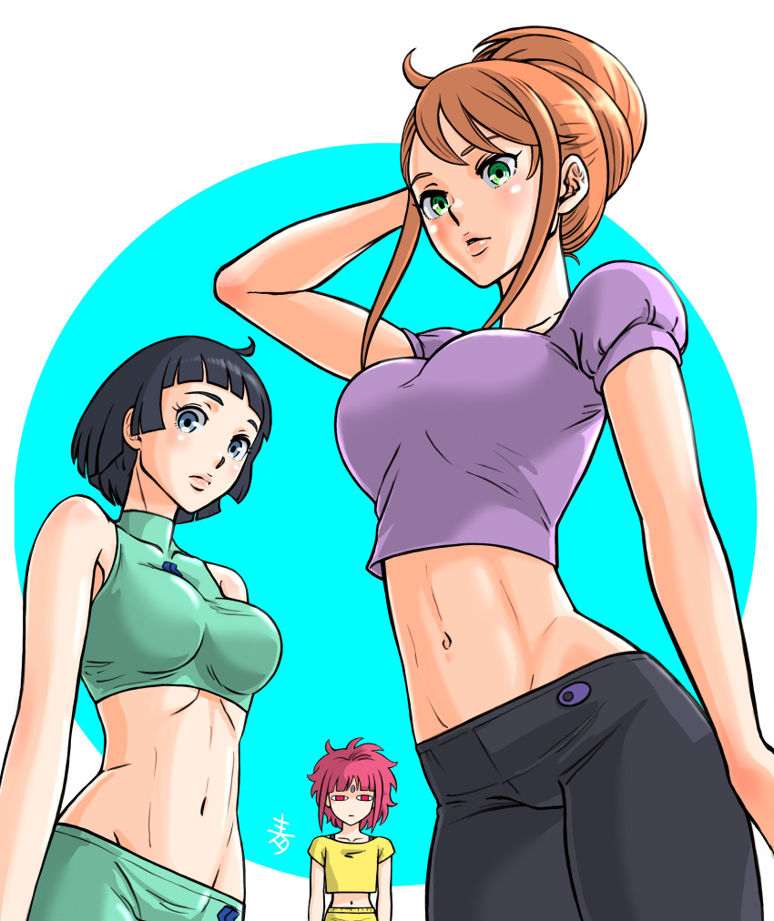 3girls absurdres aida_rayhunton aobito_sukoyaka_bystander black_hair black_pants blush bowl_cut breast_envy breasts brown_hair collarbone crop_top flat_chest forehead_jewel green_pants green_shirt gundam gundam_g_no_reconguista hair_bun highres jitome looking_at_viewer looking_down manny_ambassada medium_breasts midriff multiple_girls navel noredo_nug pants pink_hair purple_shirt red_eyes shirt short_hair single_hair_bun sleeveless sleeveless_shirt yellow_pants yellow_shirt yoga_pants