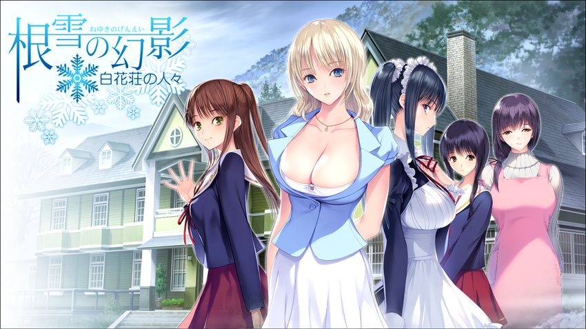 5girls apron black_eyes blonde_hair blue_eyes blue_hair blush breasts brown_hair cleavage copyright_name dress fujiki_kikyou fujiki_touko game_cg green_eyes highres house huge_breasts ichikawa_saasha jounoin_kaho large_breasts long_hair looking_at_viewer maid maid_headdress matsubara_kusuha mole multiple_girls nadeshiko_(neyuki_no_genei) neyuki_no_genei:_shirohanasou_no_hitobito ponytail purple_hair school_uniform short_hair skirt smile standing sweater twintails wallpaper yellow_eyes