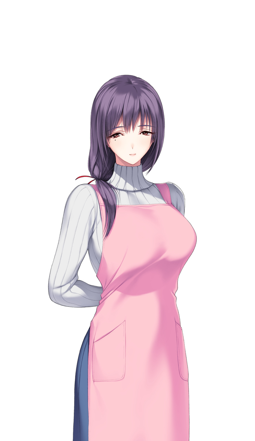 apron arms_behind_back breasts female fujiki_touko game_cg highres huge_breasts ichikawa_saasha long_hair looking_at_viewer mole neyuki_no_genei:_shirohanasou_no_hitobito ponytail purple_hair red_eyes simple_background smile solo standing sweater white_background