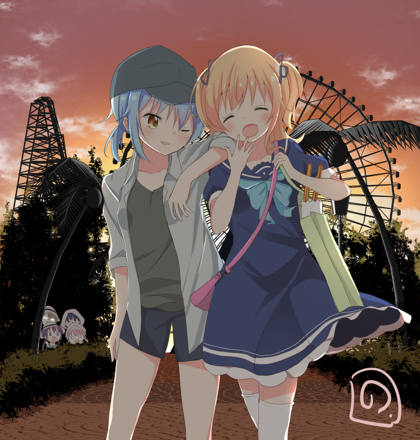 6+girls :d absurdres amizawa_mayu bag baseball_cap black_shorts blonde_hair blue_dress blue_hair blush brown_eyes brown_hair cabbie_hat character_request cloud collarbone comic_girls commentary_request dress ferris_wheel glasses grey_hat grey_jacket grey_shirt hair_between_eyes hanazono_ririka handbag hat highres hood hood_up irokawa_ruki jacket katsuki_tsubasa koizuka_koyume kousaka_nobaku long_hair moeta_kaoruko multiple_girls oerba_yun_fang one_eye_closed opaque_glasses open_clothes open_jacket open_mouth outdoors palm_tree parted_lips pink_hair puffy_short_sleeves puffy_sleeves purple_eyes purple_hair roller_coaster shirt short_shorts short_sleeves shorts shoulder_bag signature sky smile sun_hat sunset thighhighs tree two_side_up white_hat white_legwear