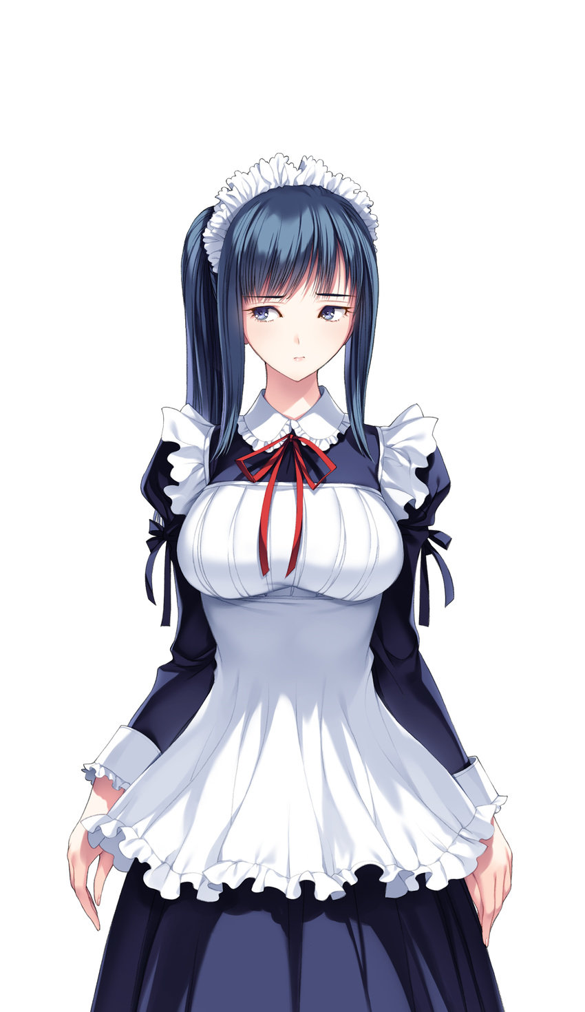 blue_hair breasts female female fujiki_kikyou game_cg highres ichikawa_saasha large_breasts long_hair looking_away maid maid_headdress neyuki_no_genei:_shirohanasou_no_hitobito ponytail simple_background solo standing white_background