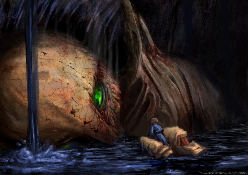 commentary copyright_name crack dripping dying female giant green_eyes kaze_no_tani_no_nausicaa kyoshinhei long_sleeves looking_at_another monster nausicaa ohma partially_submerged photoshop_(medium) shita_to_hidari short_hair spoilers studio_ghibli water