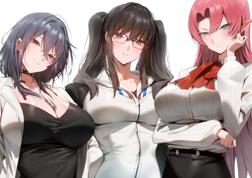 3girls absurdres alternate_costume arm_under_breasts azur_lane black_choker black_hair black_shirt bow bowtie breasts brown_eyes choker closed_mouth collared_shirt commentary cosplay duke_of_york_(azur_lane) english_commentary female_commander_(azur_lane) glasses green_eyes hair_between_eyes hand_up highres jacket jewelry kirijou_mitsuru kirijou_mitsuru_(cosplay) large_breasts long_hair looking_at_viewer multiple_girls necklace parted_bangs parted_lips persona pittsburgh_(azur_lane) pointy_ears red_bow red_bowtie red_eyes red_hair rororo shirt shirt_tucked_in sidelocks simple_background smile takamaki_anne takamaki_anne_(cosplay) takemi_tae takemi_tae_(cosplay) upper_body white_background white_jacket white_shirt