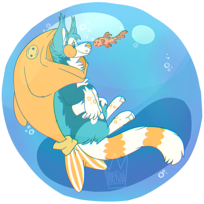 2017 ambiguous_gender bubble canid canine cape chromatic_aberration clothing cyprinid cypriniform digital_drawing_(artwork) digital_media_(artwork) digitigrade dot_eyes duo ear_tuft feral fish flat_colors floating full-length_portrait fully_submerged fur goldfish hi_res in_bubble jaspering mammal marine markings orange_body orange_nose orange_scales paws portrait ring_(marking) ringed_tail scales size_difference smile snout striped_markings striped_tail stripes tail tail_markings teal_body teal_fur tuft underwater water watermark whisker_spots white_body white_fur