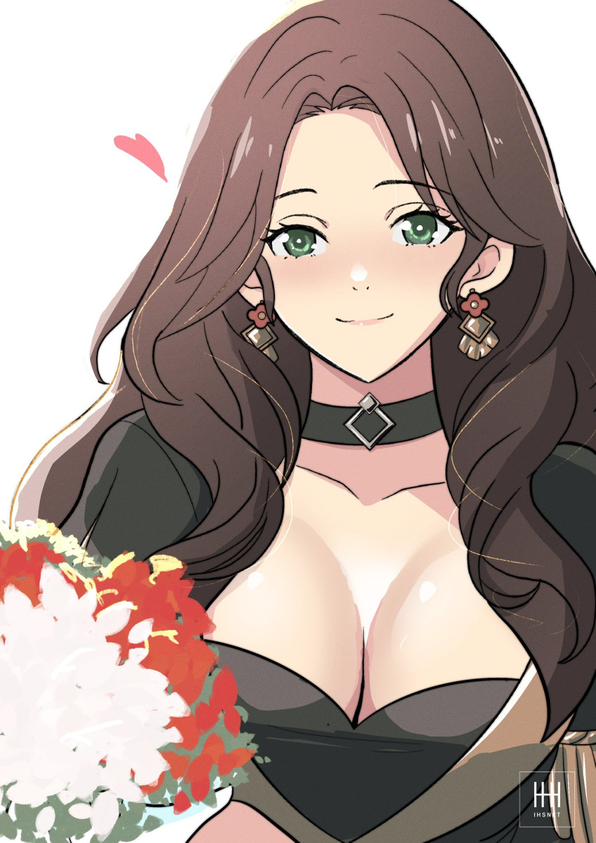 black_choker breasts brown_hair choker cleavage dorothea_arnault english_commentary female fire_emblem fire_emblem:_three_houses highres ihsnet no_headwear simple_background solo upper_body white_background