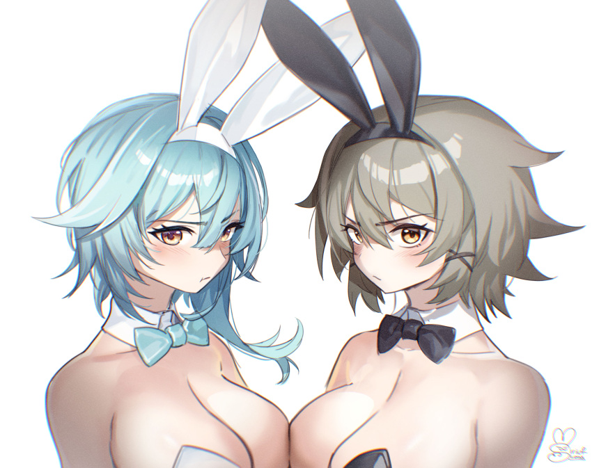 2girls :t animal_ears animal_hair_ornament bare_shoulders black_bow black_bowtie blue_bow blue_bowtie blue_hair bow bowtie breast_press breasts caesar_king_(zenless_zone_zero) closed_mouth detached_collar eula_(genshin_impact) genshin_impact grey_hair hair_between_eyes highres large_breasts leotard looking_at_viewer medium_hair mihoyo multiple_girls rabbit_ears satou_rina siriuflong strapless strapless_leotard symmetrical_docking upper_body white_background yellow_eyes zenless_zone_zero