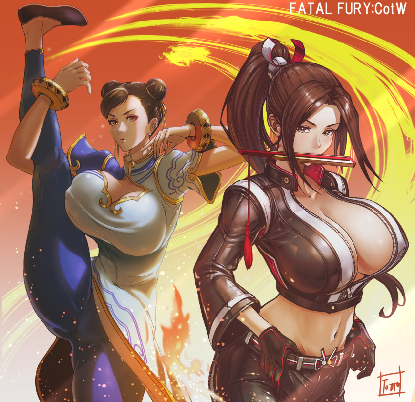 2girls black_gloves black_jacket black_jumpsuit black_pants bracelet breast_zipper breasts brown_eyes brown_hair chinese_clothes chun-li cleavage coat crop_top cropped_jacket double_bun fatal_fury fatal_fury:_city_of_the_wolves fighting_stance folded_fan folding_fan gloves hair_bun hand_fan high_ponytail highres holding holding_fan jacket jewelry jumpsuit large_breasts leather leather_pants long_hair looking_at_viewer multiple_girls official_alternate_costume pants pantyhose pelvic_curtain ponytail print_jacket shiranui_mai short_hair simple_background snk spandex street_fighter street_fighter_6 thick_thighs thighs tomo_eokaiteru