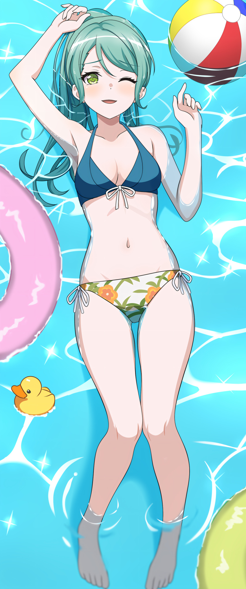 absurdres aqua_hair ball bang_dream! beachball bikini blush breasts collarbone commentary english_commentary female fries_vanquisher green_eyes halterneck highres hikawa_sayo innertube long_hair looking_at_viewer medium_breasts one_eye_closed open_mouth ponytail rubber_duck solo stomach swim_ring swimsuit