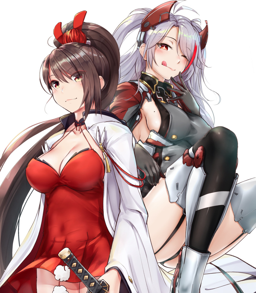 2girls :q absurdres antenna_hair azur_lane black_choker breasts brown_eyes brown_hair choker cowboy_shot cross eyeliner ganari_ryuu grey_hair highres iron_cross japanese_clothes large_breasts licking_lips long_hair looking_at_viewer makeup mole mole_on_breast multicolored_hair multiple_girls one_eye_closed ponytail prinz_eugen_(azur_lane) red_eyes shoulder_strap streaked_hair swept_bangs tongue tongue_out two_side_up zuikaku_(azur_lane)