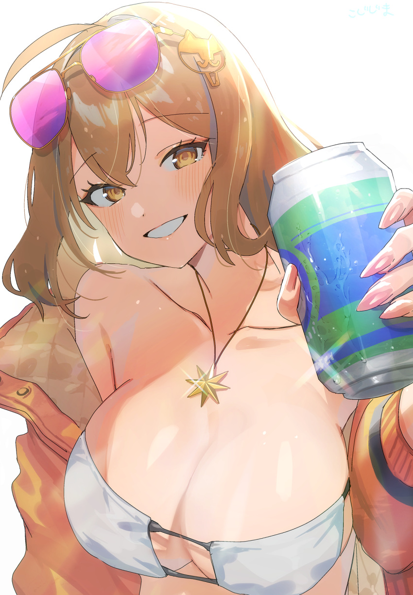 anis_(nikke) anis_(sparkling_summer)_(nikke) aviator_sunglasses bikini breasts can cleavage drink_can eyepatch_bikini eyewear_on_head female goddess_of_victory:_nikke highres holding holding_can jacket jewelry kojijima large_breasts necklace official_alternate_costume pink-tinted_eyewear soda_can star_(symbol) star_necklace sunglasses swimsuit tinted_eyewear white_bikini yellow_jacket