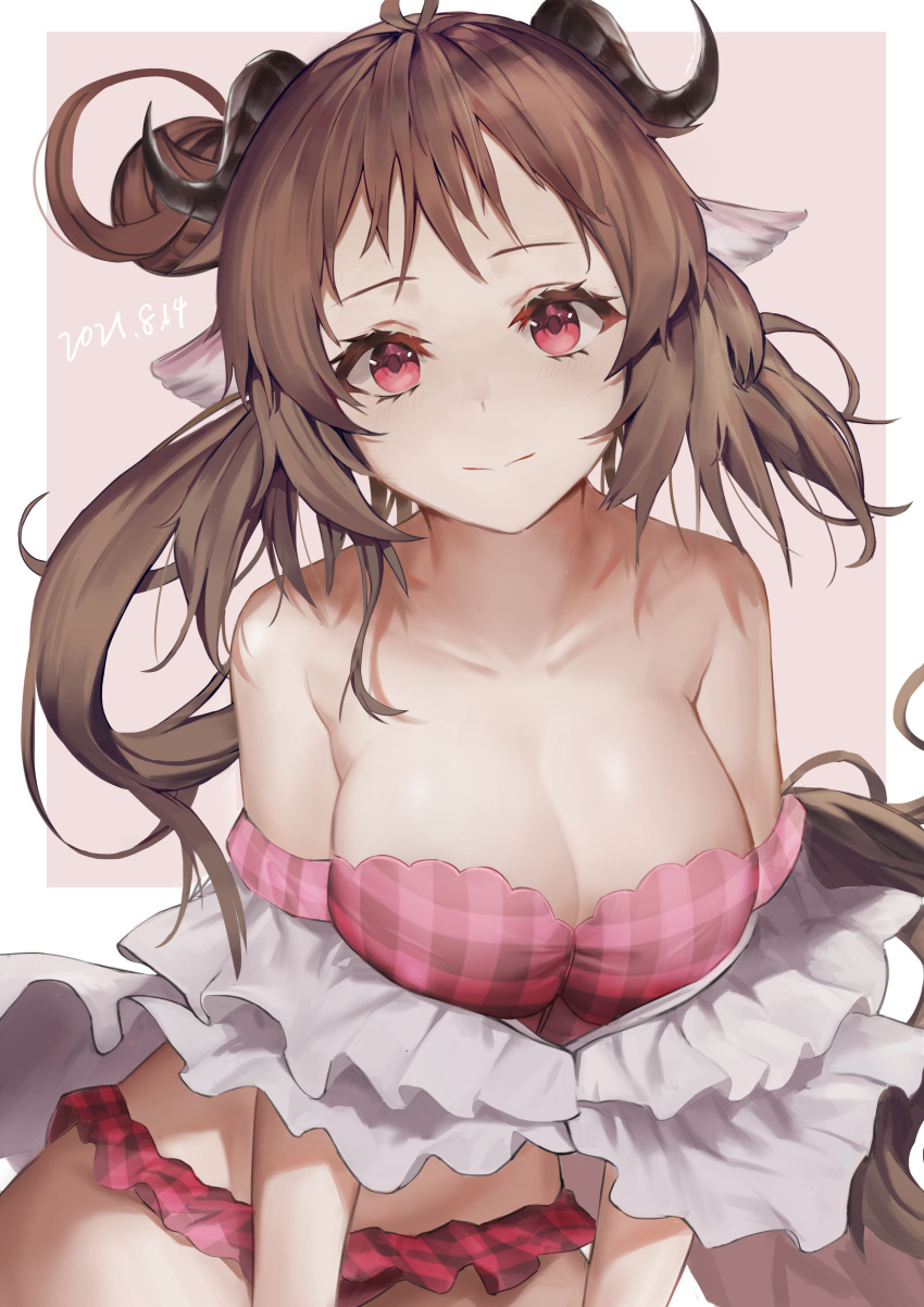 absurdres animal_ears arknights asymmetrical_hair bare_shoulders bikini blush breasts brown_hair chinese_commentary cleavage closed_mouth collarbone cowboy_shot dated eyelashes eyjafjalla_(arknights) eyjafjalla_(summer_flower)_(arknights) female frilled_bikini frills hair_bun highres horns light_smile long_hair looking_at_viewer medium_breasts off-shoulder_bikini off_shoulder official_alternate_costume pink_background pink_bikini plaid plaid_bikini ponytail red_eyes senba_(592683801) sheep_ears sheep_horns simple_background single_hair_bun smile solo swimsuit swimsuit_cover-up