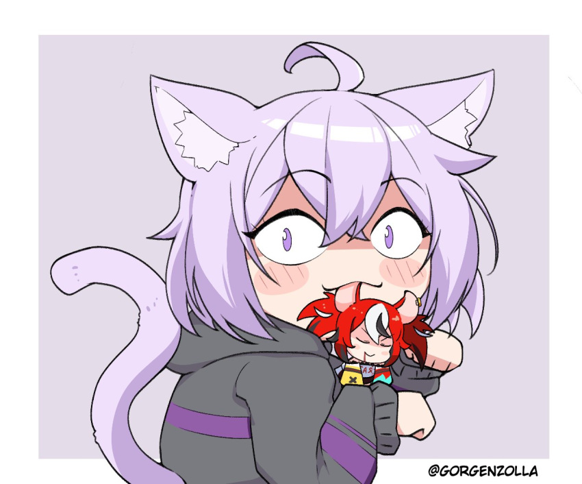 2girls ahoge animal_ears blush_stickers cat_ears cat_tail commentary english_commentary gorgenzolla hakos_baelz hololive hololive_english hood hoodie mouse_ears mouth_hold multiple_girls nekomata_okayu nekomata_okayu_(1st_costume) paw_pose purple_eyes purple_hair red_hair tail twitter_username virtual_youtuber