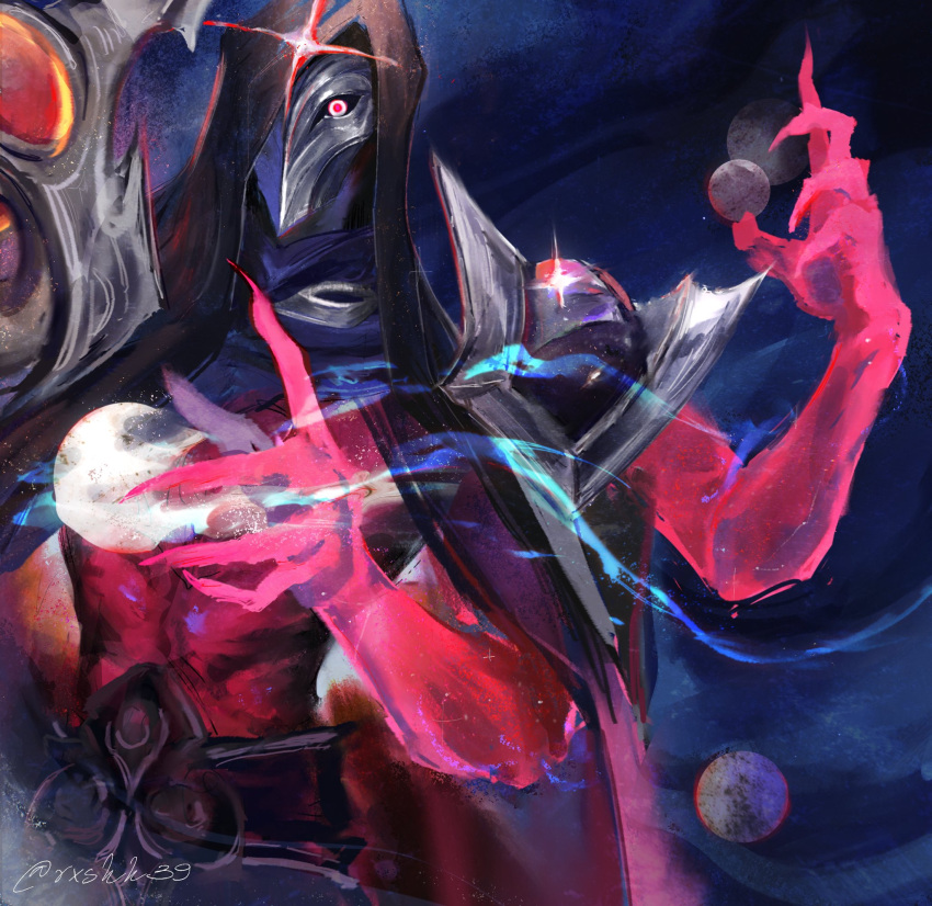 1boy abs armor artist_name cape colored_skin dark_cosmic_jhin extra_arms glowing glowing_eye highres holding_orb hood hood_up jhin league_of_legends looking_at_viewer male_focus mask official_alternate_costume orbited planet red_eyes red_skin rishh39 shoulder_armor solo space upper_body