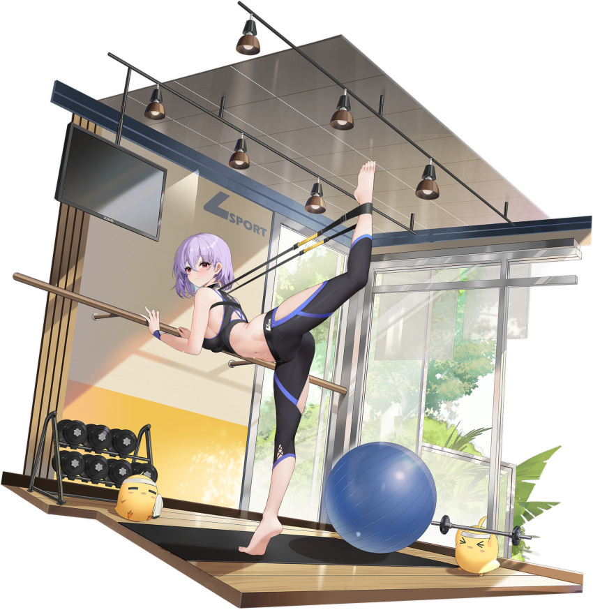 >_< =_= against_railing ahoge arched_back ass_visible_through_thighs azur_lane back_cutout ball barbell bare_shoulders barefoot bent_over black_choker black_pants black_sports_bra blush blush_stickers breasts ceiling ceiling_light character_name choker closed_mouth clothing_cutout cross-laced_clothes double-parted_bangs drying dumbbell dutch_angle exercise_ball exercising feet female flat_screen_tv flexible from_side full_body gym hair_between_eyes headband highres holding holding_towel indoors large_breasts leg_up light_purple_hair looking_at_viewer looking_back lyon_(azur_lane) lyon_(paired_exercise)_(azur_lane) manjuu_(azur_lane) midriff mole mole_under_eye navel official_alternate_costume official_art one_eye_closed pants purple_hair railing red_eyes resistance_band short_hair sideboob sitting sports_bra standing standing_on_one_leg stretching television thigh_cutout thighs tile_ceiling tiles tiptoes towel tree twisted_torso weight_rack weightlifting weights white_headband white_towel wide_hips window wristband yoga_mat yoga_pants