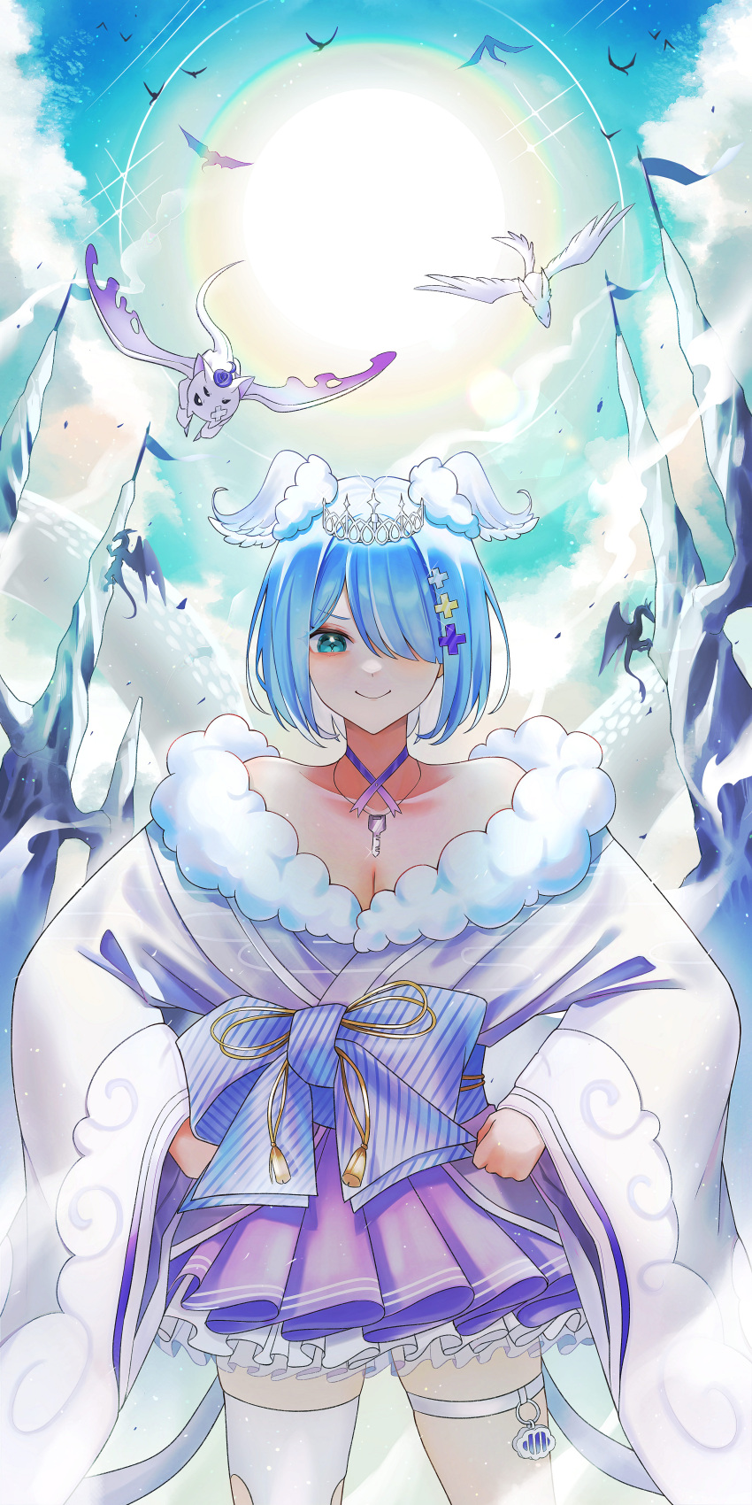 absurdres aqua_eyes blue_bow blue_hair blue_wings bob_cut bow breasts choker cleavage dragon dragon_girl dragon_tail elira_pendora elira_pendora_(2nd_costume) female fur_trim gfpebs grey_kimono hair_ornament hair_over_one_eye hands_on_own_hips head_wings highres japanese_clothes jewelry key kimono multicolored_hair necklace nijisanji nijisanji_en obi official_alternate_costume one_eye_covered pikl_(elira_pendora) platform_footwear purple_ribbon purple_skirt ribbon ribbon_choker sash short_hair single_thighhigh skirt sky tail thigh_strap thighhighs tiara virtual_youtuber white_hair white_thighhighs wings x_hair_ornament