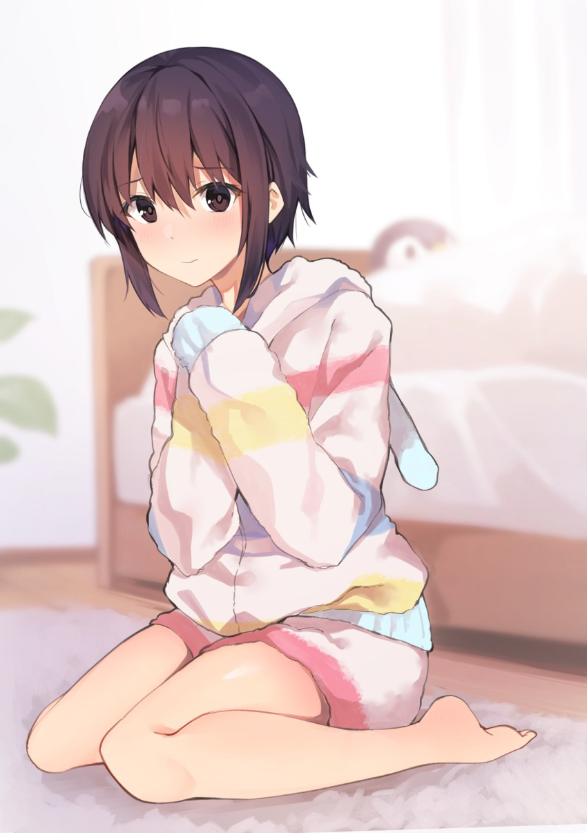 animal_hood barefoot bed bedroom blurry blurry_background blush bob_cut brown_eyes brown_hair closed_mouth commentary depth_of_field female hair_between_eyes hands_on_own_chest highres hitoiki hood hood_down hooded_sweater hoodie indoors light_blush light_smile long_sleeves looking_at_viewer loose_hair_strand loungewear multicolored_clothes nervous on_floor original own_hands_together pink_shorts plant rabbit_hood raised_eyebrows rug short_hair short_hair_with_long_locks short_shorts shorts sidelocks sitting sleeves_past_wrists solo striped_clothes striped_hoodie striped_shorts stuffed_animal stuffed_penguin stuffed_toy sweater tomboy w_arms wariza white_hoodie white_shorts wooden_floor yoshino_sawa_(hitoiki)