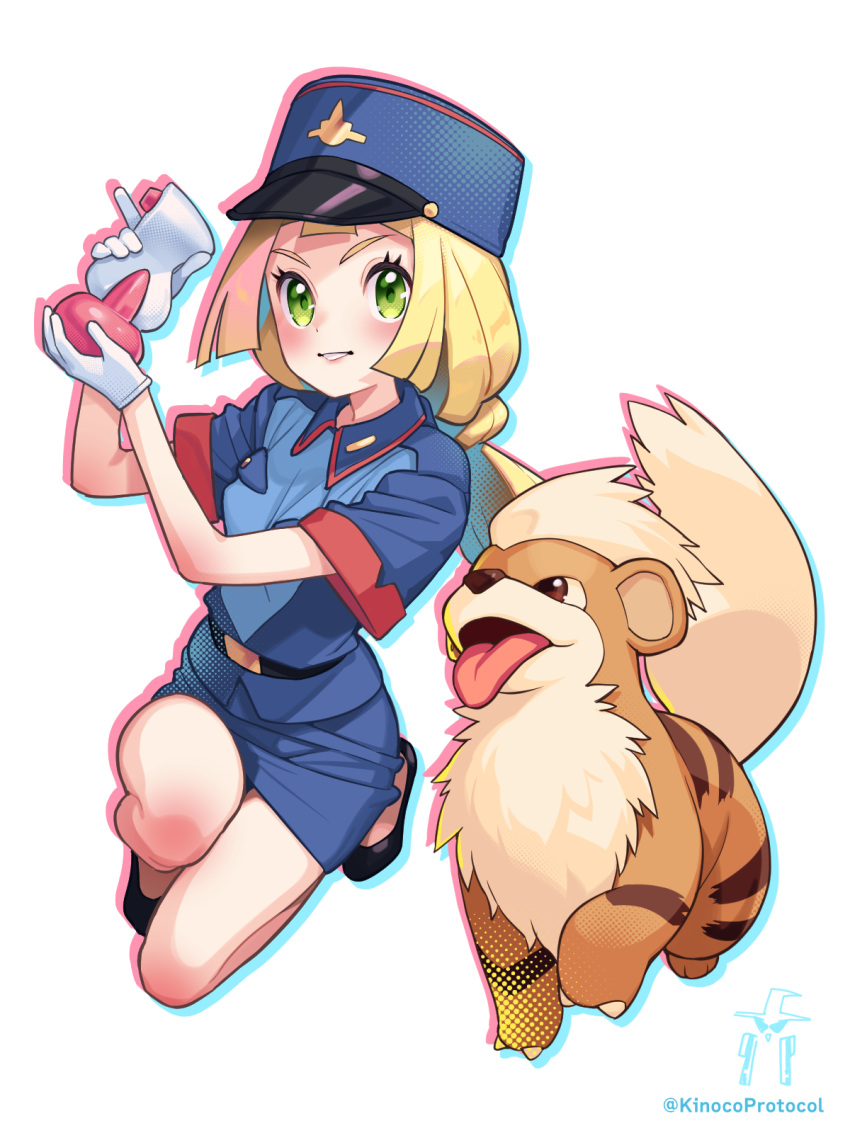 belt belt_buckle black_belt black_footwear blonde_hair blue_headwear blue_shirt blue_skirt buckle collared_shirt commentary_request cosplay eyelashes female gloves green_eyes growlithe hat highres holding hyper_potion jenny_(pokemon) jenny_(pokemon)_(cosplay) kinocopro lillie_(pokemon) long_hair miniskirt pokemon pokemon_(anime) pokemon_(classic_anime) pokemon_(creature) pokemon_sm_(anime) potion_(pokemon) shirt shoes short_sleeves skirt smile twitter_username watermark white_background white_gloves