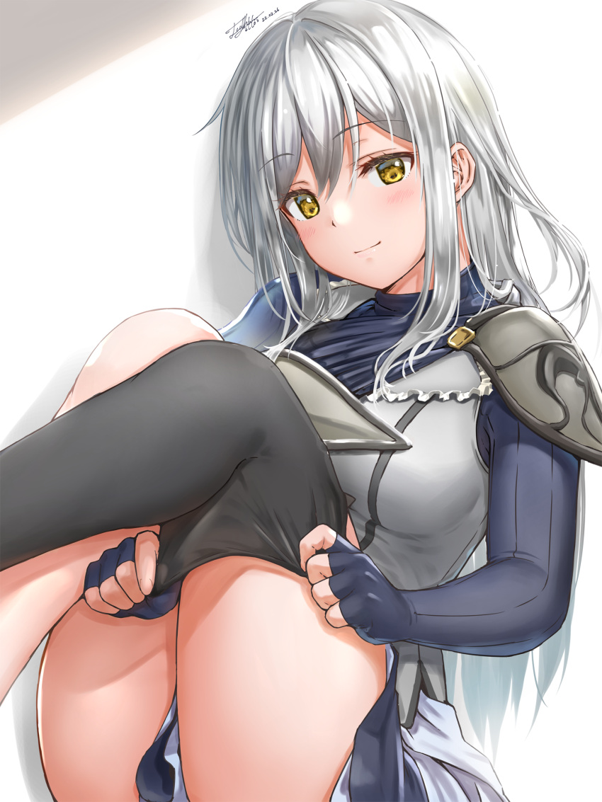 adjusting_clothes adjusting_legwear armor black_thighhighs commentary_request dated female fingerless_gloves flower_knight_girl ginryousou_(flower_knight_girl) gloves grey_hair highres long_hair long_sleeves looking_at_viewer shoulder_armor signature single_thighhigh sitting smile solo thighhighs white_background yellow_eyes yukinoshiro zettai_ryouiki