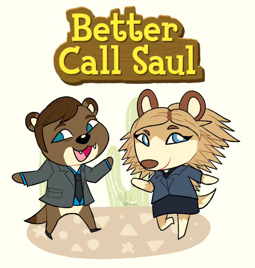 alternate_species animal_crossing anthro better_call_saul black_clothing black_nose blue_clothing blue_eyes breaking_bad brown_body brown_fur brown_hair brown_nose clothed clothing crossover digital_drawing_(artwork) digital_media_(artwork) duo fangs female flat_colors fluffy fluffy_tail fur furrification hair hi_res humanoid iirene jimmy_mcgill kim_wexler male mammal mustelid musteline necktie nintendo open_mouth open_smile pink_tongue simple_background smile standing tail teeth tongue true_musteline weasel