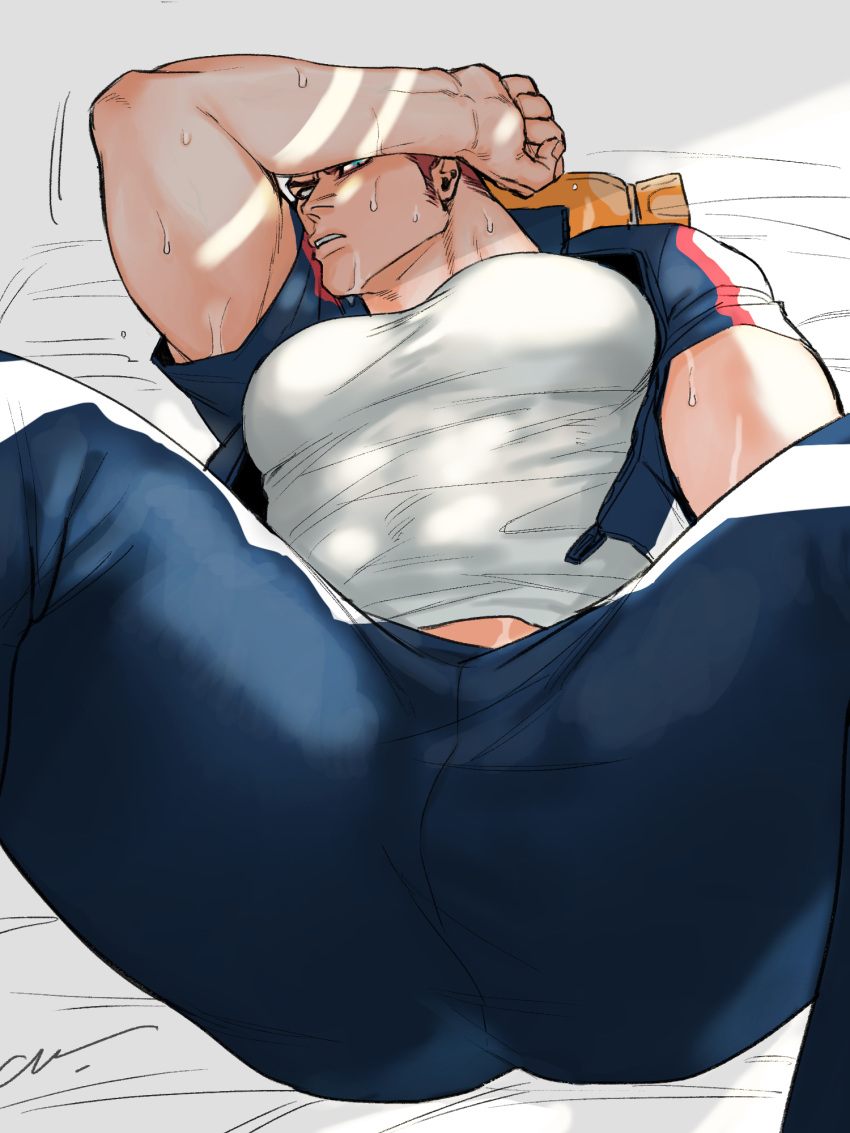 1boy aged_down alternate_costume arm_on_own_head ass bad_id bad_twitter_id bara blue_eyes boku_no_hero_academia bulge endeavor_(boku_no_hero_academia) feet_out_of_frame highres jacket jo_tuesday19 large_pectorals long_sideburns looking_at_viewer lying male_focus mature_male midriff_peek muscular muscular_male on_back on_bed pants pectorals presenting red_hair school_uniform shirt short_hair sideburns solo spread_legs sweat thick_thighs thighs tight_clothes tight_shirt track_jacket track_pants