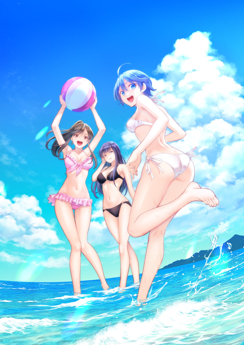 3girls absurdres adjusting_hair ahoge akitsuki_fuuka arm_up armpits ass back ball barefoot beachball bikini black_bikini blue_eyes blue_hair breasts brown_eyes brown_hair cleavage closed_mouth cloud cumulonimbus_cloud day feet feet_out_of_frame frilled_skirt frills front-tie_bikini_top front-tie_top fuuka halterneck hands_up high_ponytail highres holding holding_ball horizon iwami_sara koyuki_hinashi large_breasts long_hair looking_at_viewer looking_back medium_breasts multiple_girls navel o-ring o-ring_bikini ocean official_art open_mouth pink_bikini ponytail seo_kouji side-tie_bikini_bottom skirt sky splashing standing standing_on_one_leg swimsuit teeth thigh_gap thighs upper_teeth_only wading white_bikini