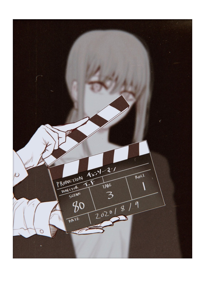 1other blurry blurry_background border chainsaw_man clapperboard depth_of_field female head_out_of_frame head_tilt highres holding hoshi_san_3 long_hair looking_at_viewer low_ponytail makima_(chainsaw_man) ponytail white_border