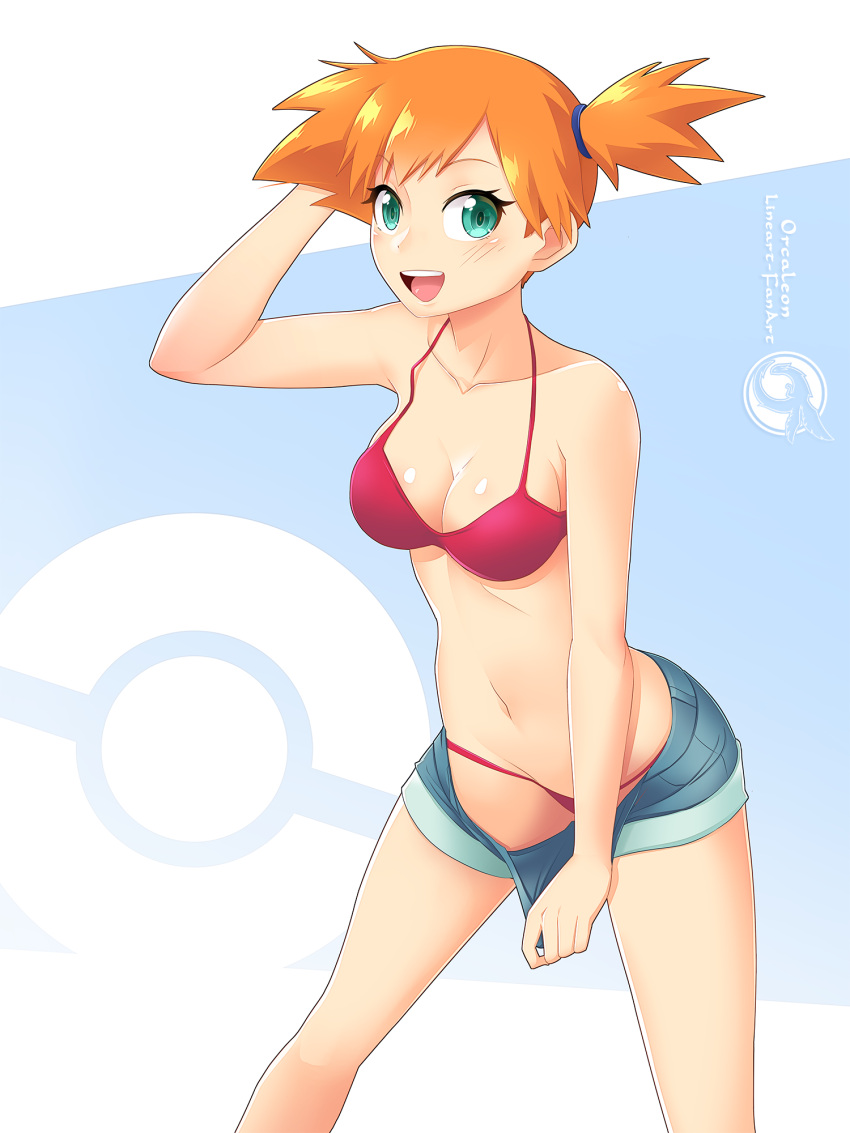 :d artist_name bikini blush breasts collarbone commentary_request eyelashes female green_eyes hand_up happy highres kasumi_(pokemon) looking_at_viewer navel open_mouth orange_hair orcaleon poke_ball_symbol pokemon pokemon_(anime) pokemon_(classic_anime) short_hair shorts side_ponytail smile solo swimsuit teeth tongue upper_teeth_only