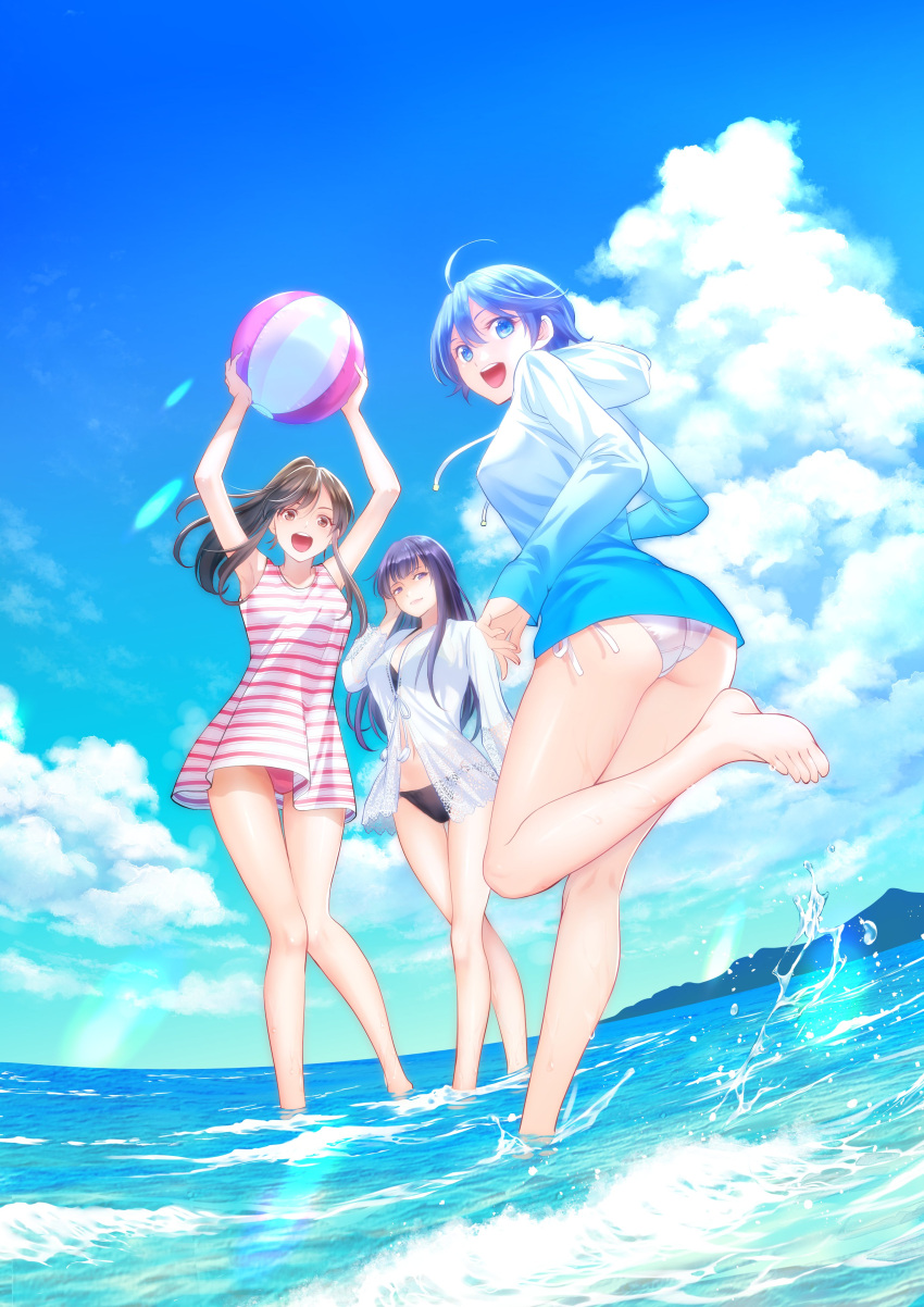 3girls absurdres adjusting_hair ahoge akitsuki_fuuka arm_up armpits ass ball barefoot beachball bikini black_bikini blouse blue_eyes blue_hair blue_hoodie breasts brown_eyes brown_hair closed_mouth cloud cumulonimbus_cloud day feet feet_out_of_frame fuuka hands_up high_ponytail highres holding holding_ball hood hoodie horizon iwami_sara koyuki_hinashi large_breasts long_hair looking_at_viewer looking_back medium_breasts multiple_girls navel ocean official_art open_mouth pink_bikini see-through see-through_shirt seo_kouji shirt side-tie_bikini_bottom sky splashing standing standing_on_one_leg striped_clothes striped_shirt swimsuit t-shirt teeth thigh_gap thighs upper_teeth_only upskirt wading white_bikini white_shirt