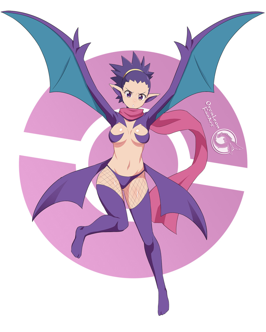 arms_up artist_name bat_girl bikini breasts commentary_request crobat eyelashes female full_body highres janine_(pokemon) knees leg_up medium_breasts monster_girl orcaleon parted_lips pointy_ears poke_ball_symbol pokemon pokemon_hgss purple_bikini purple_eyes purple_hair purple_scarf purple_thighhighs scarf shiny_skin short_hair solo swimsuit thighhighs transparent_background winged_arms wings