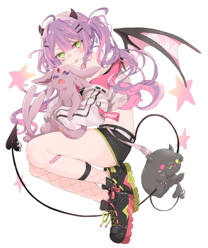 :p ahoge bad_id bad_pixiv_id bandaid bandaid_on_leg bibi_(tokoyami_towa) blush commentary cropped_jacket demon_girl demon_horns demon_tail demon_wings espeon female fishnet_socks fishnet_thighhighs fishnets full_body green_eyes hair_ornament hairclip highres hololive horns jacket long_hair long_sleeves looking_at_viewer nekonika_(e102k) pantyhose piercing pink_hair pokemon purple_hair shoes simple_background single_sock single_thighhigh socks star_(symbol) tail tail_ornament tail_piercing thighhighs tokoyami_towa tokoyami_towa_(1st_costume) tongue tongue_out twintails virtual_youtuber white_background white_jacket wings