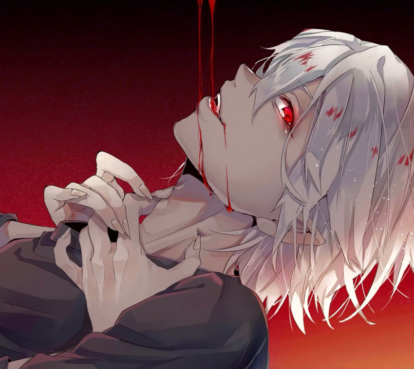 1boy black_shirt blood fingernails gradient_background grey_hair highres kemono_jihen long_fingernails looking_at_viewer male_focus mihai_florescu nyazuta pointy_ears red_eyes sharp_fingernails shirt simple_background solo vampire