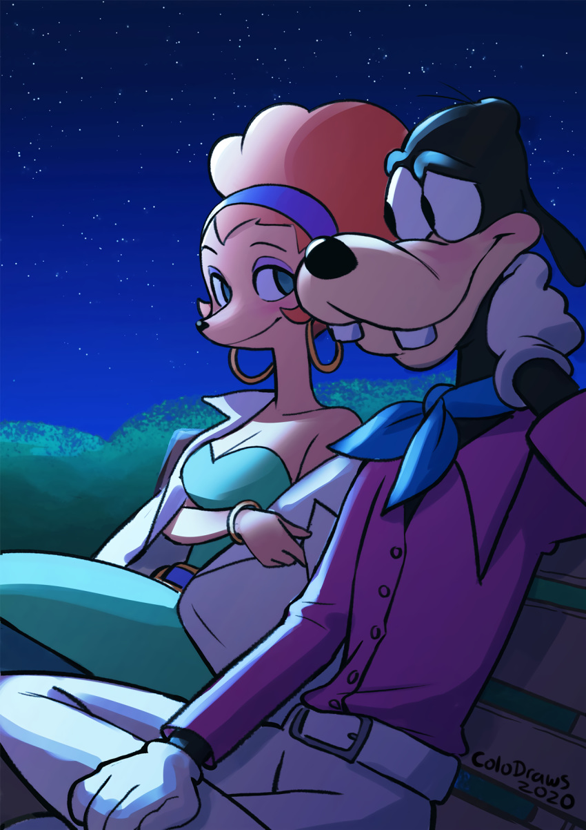 2020 anthro bench blush canid canine canis colo disney domestic_dog duo ear_piercing ear_ring female goof_troop goofy_(disney) hair hi_res male mammal night park_bench piercing red_hair ring_piercing romantic romantic_ambiance romantic_couple sitting sylvia_marpole